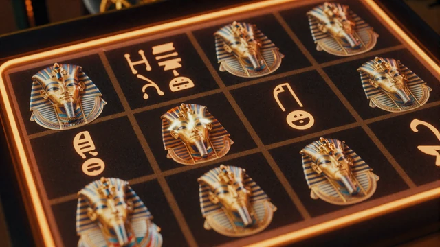 Alt&auml;gyptische Slot-Symbole mit goldenen Hieroglyphen auf dunklem Bildschirm mit orangen Neonakzenten
