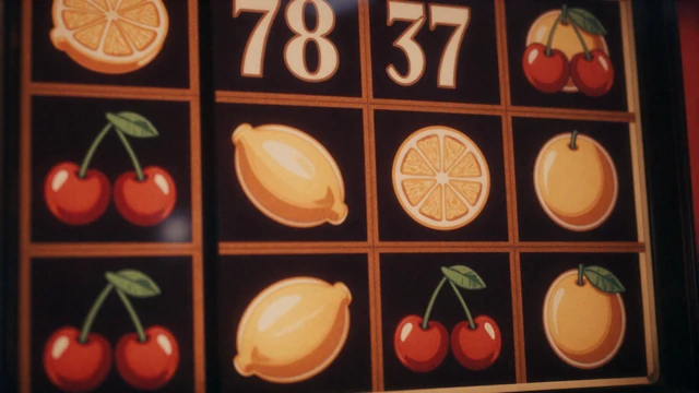 Klassische Obst-Slot-Symbole mit Kirschen, Zitronen und Siebenen auf dunklem Bildschirm mit warmem Orangeglanz