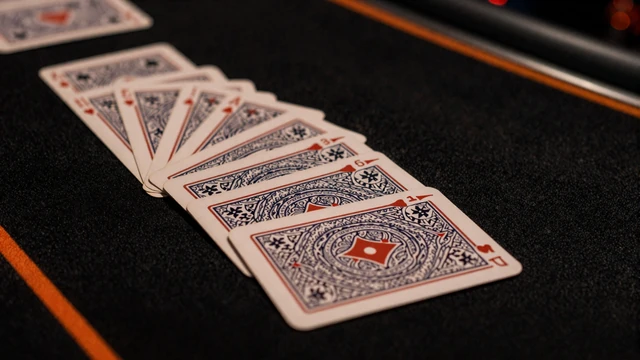 Aufgef&auml;cherte Spielkarten mit orangem Neonrand auf schwarzem Filztisch im Vox Casino