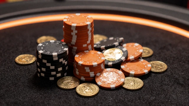 Schwarze und orange Casino-Chips mit goldenen M&uuml;nzen auf dunkler Tischfl&auml;che im Vox Casino Design