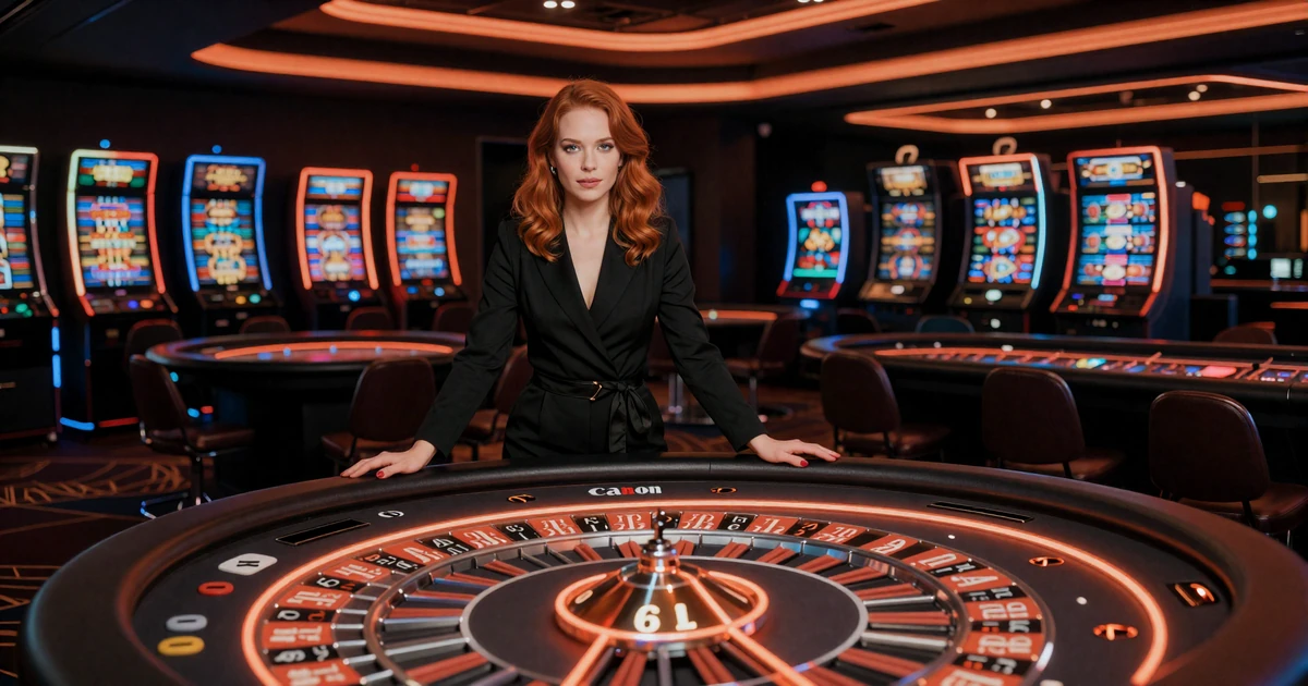 Modell im schwarzen Jumpsuit am Roulette-Tisch mit orangen Neonkanten im Vox Casino