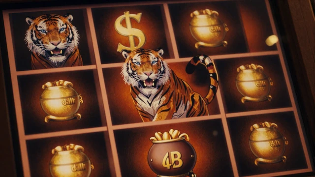 Tiger- und Goldtopf-Slot mit leuchtenden orangen und goldenen Symbolen auf dunklem Hintergrund