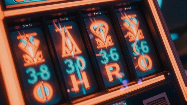 Neon Cyberpunk Spielautomaten mit rotierenden Walzen und orangen und cyanfarbenen Symbolen