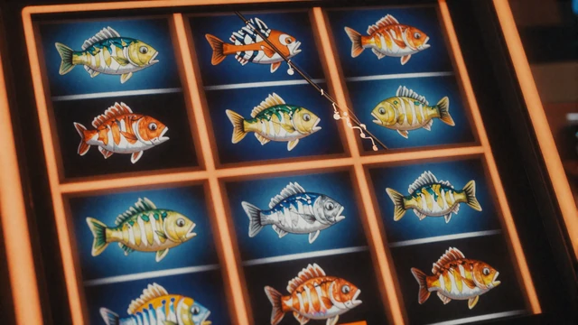 Angelthemen-Slot mit bunten Fischsymbolen und Angelruten auf dunklem Hintergrund mit orangem Glanz